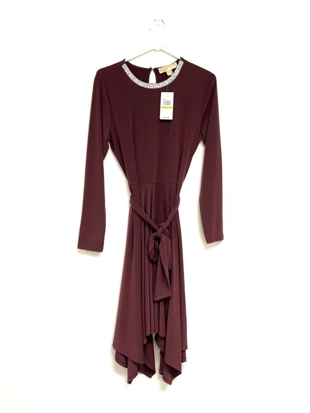 Michael Kors Womens Burgundy Long-Sleeve Jersey Dress with Embellished Neckline